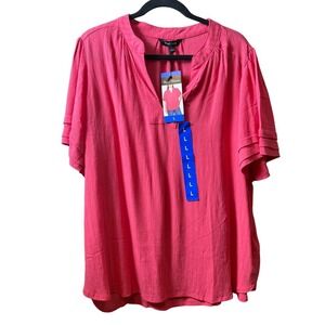 Well Worn Womens Pink Split Neck Ruffle Short Sleeve Blouse New L